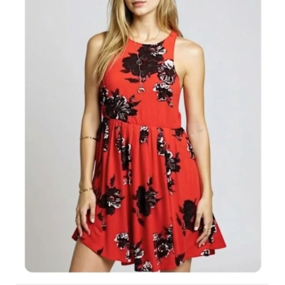 Free People Red Floral Sleeveless Mini Dress High Neck Keyhole Back Size 2